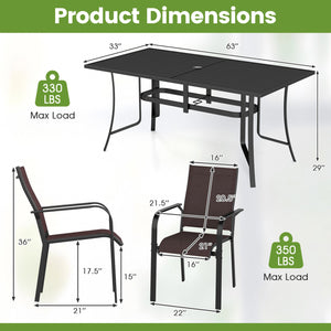 63" x 33" large rectangular tabletop for ample space<br>Dual-size umbrella holes with lids for fitting various standard patio umbrellas<br>Umbrella poles remain steady with the bottom fixing ring<br>Umbrella base needed (not included)<br>Curved armrests a