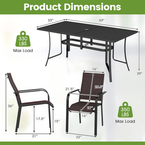 63" x 33" large rectangular tabletop for ample space<br>Dual-size umbrella holes with lids for fitting various standard patio umbrellas<br>Umbrella poles remain steady with the bottom fixing ring<br>Umbrella base needed (not included)<br>Curved armrests a