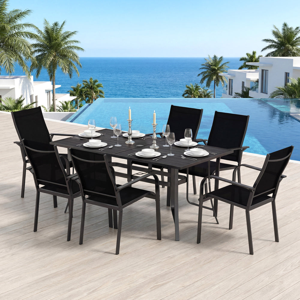 63" x 33" large rectangular tabletop for ample space<br>Dual-size umbrella holes with lids for fitting various standard patio umbrellas<br>Umbrella poles remain steady with the bottom fixing ring<br>Umbrella base needed (not included)<br>Curved armrests a