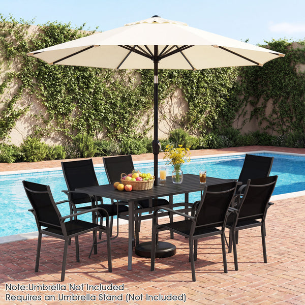 63" x 33" large rectangular tabletop for ample space<br>Dual-size umbrella holes with lids for fitting various standard patio umbrellas<br>Umbrella poles remain steady with the bottom fixing ring<br>Umbrella base needed (not included)<br>Curved armrests a