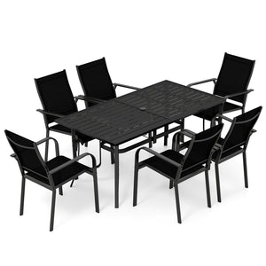 63" x 33" large rectangular tabletop for ample space<br>Dual-size umbrella holes with lids for fitting various standard patio umbrellas<br>Umbrella poles remain steady with the bottom fixing ring<br>Umbrella base needed (not included)<br>Curved armrests a