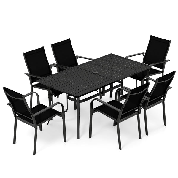 63" x 33" large rectangular tabletop for ample space<br>Dual-size umbrella holes with lids for fitting various standard patio umbrellas<br>Umbrella poles remain steady with the bottom fixing ring<br>Umbrella base needed (not included)<br>Curved armrests a