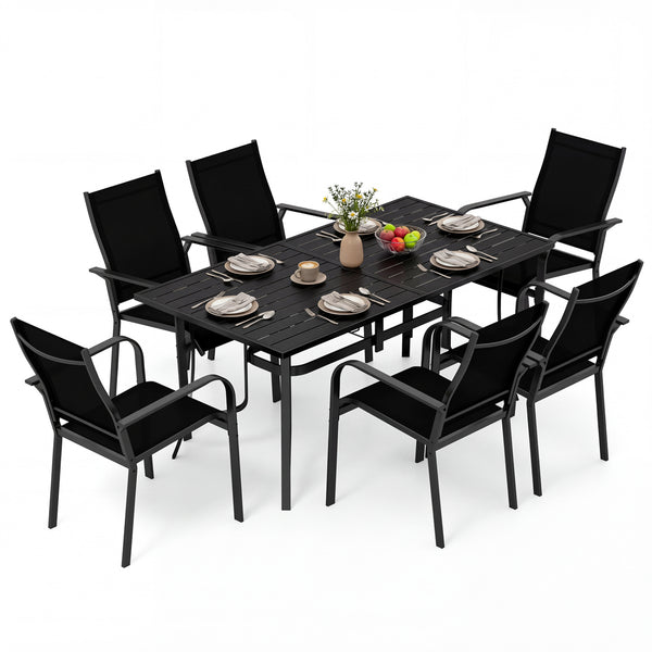 63" x 33" large rectangular tabletop for ample space<br>Dual-size umbrella holes with lids for fitting various standard patio umbrellas<br>Umbrella poles remain steady with the bottom fixing ring<br>Umbrella base needed (not included)<br>Curved armrests a