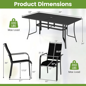 63" x 33" large rectangular tabletop for ample space<br>Dual-size umbrella holes with lids for fitting various standard patio umbrellas<br>Umbrella poles remain steady with the bottom fixing ring<br>Umbrella base needed (not included)<br>Curved armrests a