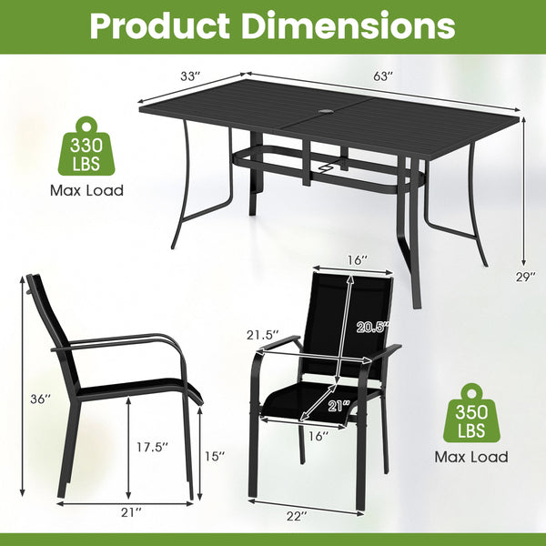 63" x 33" large rectangular tabletop for ample space<br>Dual-size umbrella holes with lids for fitting various standard patio umbrellas<br>Umbrella poles remain steady with the bottom fixing ring<br>Umbrella base needed (not included)<br>Curved armrests a