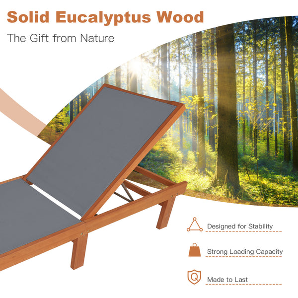 Great for reading  sunbathing  and taking a nap with 5-position adjustment<br>Avoid stuffiness even in the hot summer due to breathable and quick-drying fabric<br>Solid eucalyptus wood and sturdy steel for strong stability<br>Can be used by the whole fami