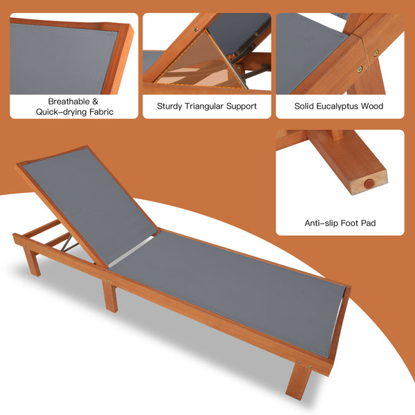 Great for reading  sunbathing  and taking a nap with 5-position adjustment<br>Avoid stuffiness even in the hot summer due to breathable and quick-drying fabric<br>Solid eucalyptus wood and sturdy steel for strong stability<br>Can be used by the whole fami