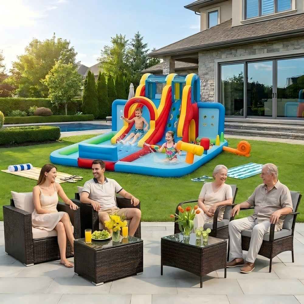 Ultimate Outdoor Bundle: Perfect summer oasis for backyard family fun <br>6-Piece Premium Rattan Set: Durable  weather-resistant  and elegant wicker <br>Upgraded Cozy Cushions: High-density sponge with removable washable covers <br>2 Tempered Glass Tables