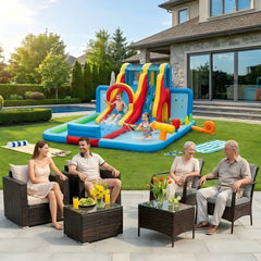 Ultimate Outdoor Bundle: Perfect summer oasis for backyard family fun <br>6-Piece Premium Rattan Set: Durable  weather-resistant  and elegant wicker <br>Upgraded Cozy Cushions: High-density sponge with removable washable covers <br>2 Tempered Glass Tables