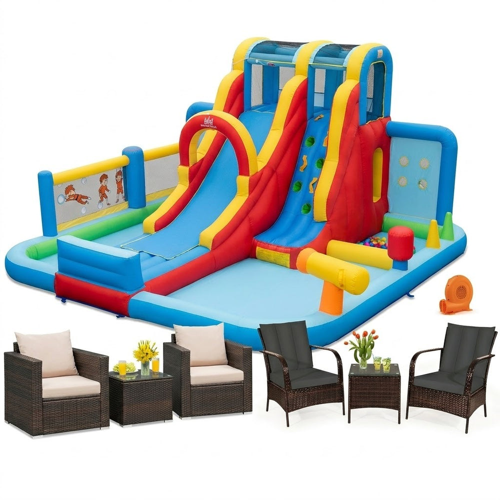 Ultimate Outdoor Bundle: Perfect summer oasis for backyard family fun <br>6-Piece Premium Rattan Set: Durable  weather-resistant  and elegant wicker <br>Upgraded Cozy Cushions: High-density sponge with removable washable covers <br>2 Tempered Glass Tables