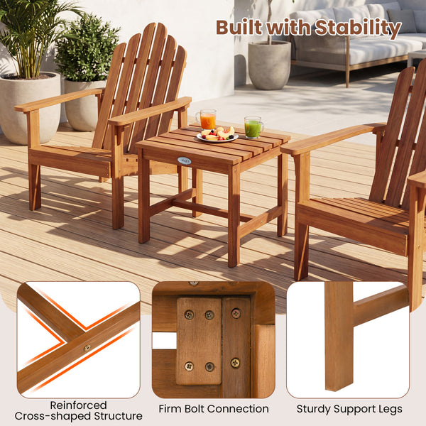 Built to last with natural and sturdy acacia wood Angled backrest for better support during longer sitting Wide armrests enable you to rest and relax your arms More comfortable to sit thanks to a gently curved seat Side table for convenient access to your