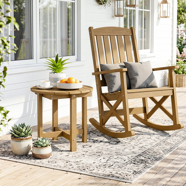 All-weather HIPS material is anti-crack  sun-protective  and waterproof Reinforced hardware and stable X-shaped base to ensure a reliable frame Slatted tabletop with stylish wood-grain detail for patio-ready appeal Features a smooth surface that is easy t