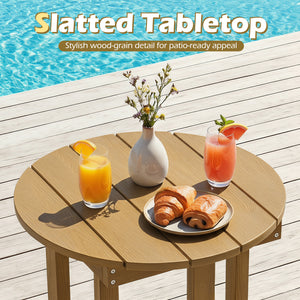 All-weather HIPS material is anti-crack  sun-protective  and waterproof Reinforced hardware and stable X-shaped base to ensure a reliable frame Slatted tabletop with stylish wood-grain detail for patio-ready appeal Features a smooth surface that is easy t
