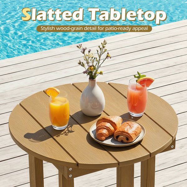 All-weather HIPS material is anti-crack  sun-protective  and waterproof Reinforced hardware and stable X-shaped base to ensure a reliable frame Slatted tabletop with stylish wood-grain detail for patio-ready appeal Features a smooth surface that is easy t