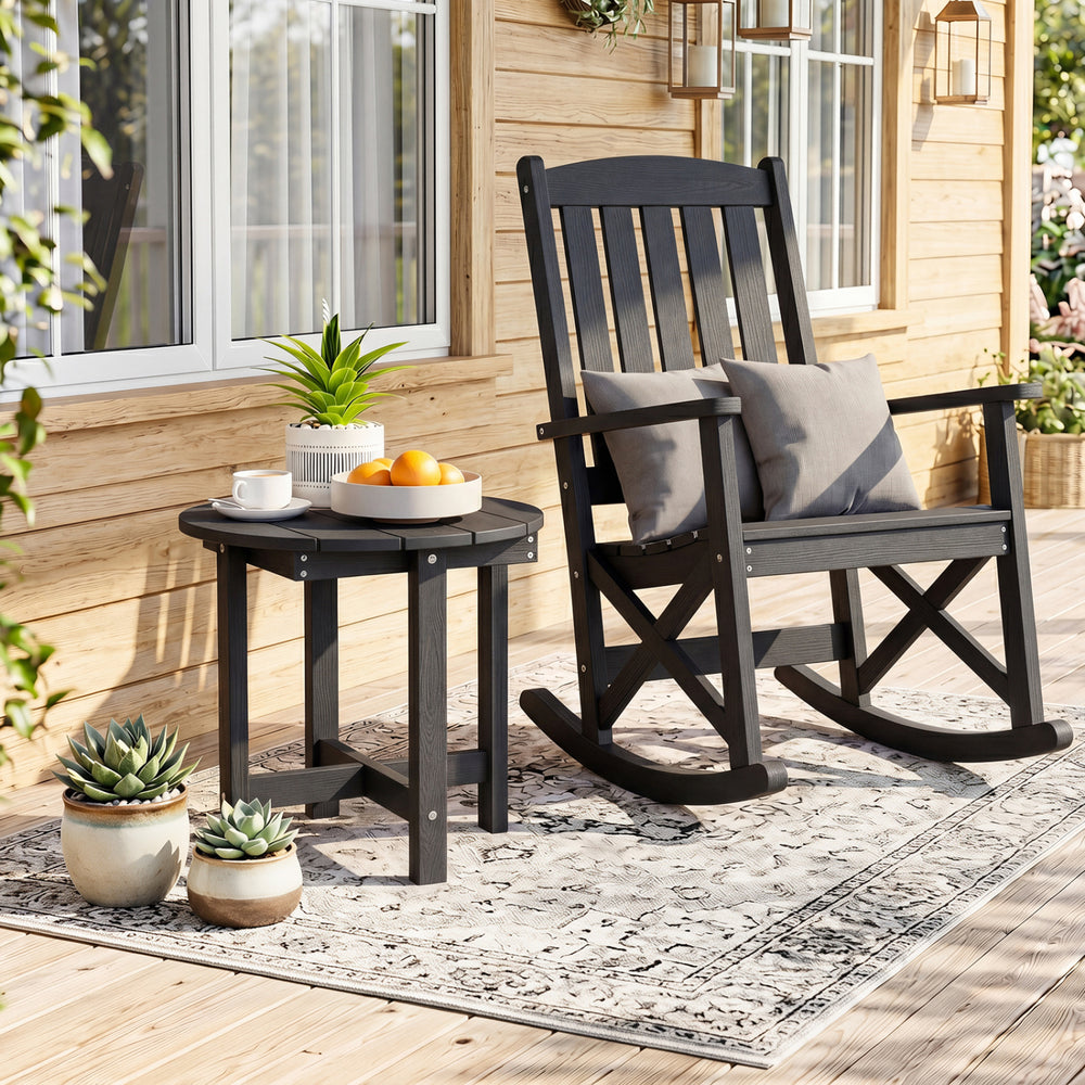 All-weather HIPS material is anti-crack  sun-protective  and waterproof Reinforced hardware and stable X-shaped base to ensure a reliable frame Slatted tabletop with stylish wood-grain detail for patio-ready appeal Features a smooth surface that is easy t