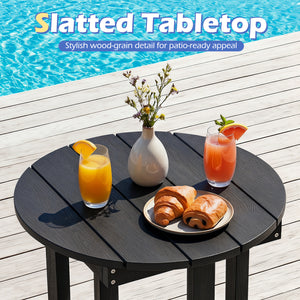 All-weather HIPS material is anti-crack  sun-protective  and waterproof Reinforced hardware and stable X-shaped base to ensure a reliable frame Slatted tabletop with stylish wood-grain detail for patio-ready appeal Features a smooth surface that is easy t