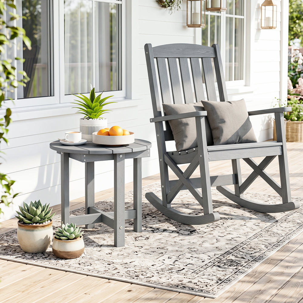 All-weather HIPS material is anti-crack  sun-protective  and waterproof Reinforced hardware and stable X-shaped base to ensure a reliable frame Slatted tabletop with stylish wood-grain detail for patio-ready appeal Features a smooth surface that is easy t