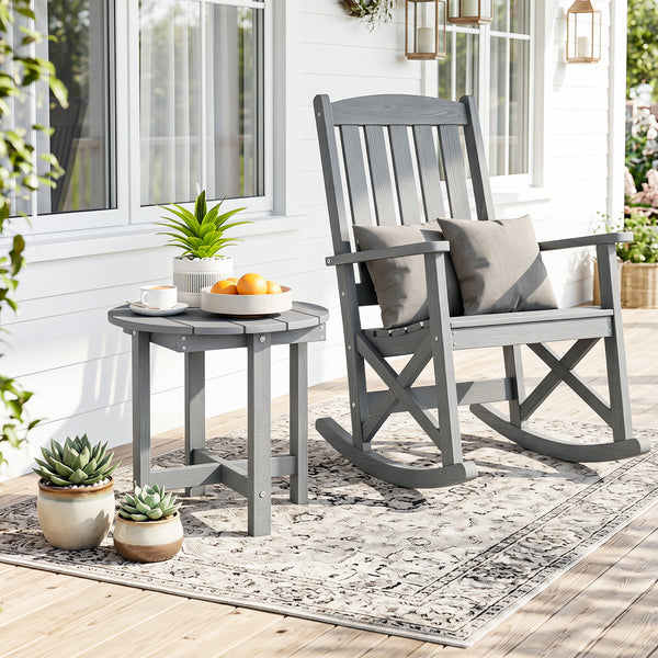 All-weather HIPS material is anti-crack  sun-protective  and waterproof Reinforced hardware and stable X-shaped base to ensure a reliable frame Slatted tabletop with stylish wood-grain detail for patio-ready appeal Features a smooth surface that is easy t