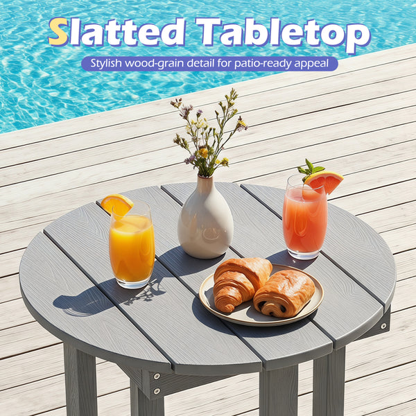 All-weather HIPS material is anti-crack  sun-protective  and waterproof Reinforced hardware and stable X-shaped base to ensure a reliable frame Slatted tabletop with stylish wood-grain detail for patio-ready appeal Features a smooth surface that is easy t
