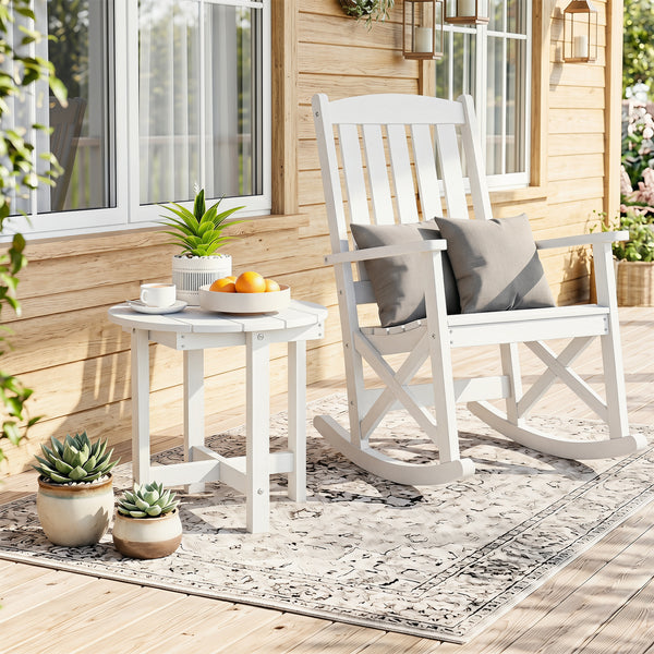 All-weather HIPS material is anti-crack  sun-protective  and waterproof Reinforced hardware and stable X-shaped base to ensure a reliable frame Slatted tabletop with stylish wood-grain detail for patio-ready appeal Features a smooth surface that is easy t