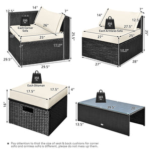 8-piece seat for more creative combinations<br>All weather PE rattan and rustproof steel frame for long time outdoor use<br>Sturdier and safer to use with high quality tempered glass tabletop<br>Soft and thick cushions for ultimate coziness<br>Hold the ot