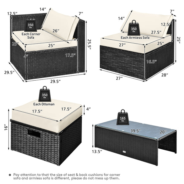 8-piece seat for more creative combinations<br>All weather PE rattan and rustproof steel frame for long time outdoor use<br>Sturdier and safer to use with high quality tempered glass tabletop<br>Soft and thick cushions for ultimate coziness<br>Hold the ot