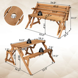 A piece of outdoor furniture that combines a picnic table and garden bench as one for great convenience! Â  When it serves as an outdoor picnic table  it can accommodate 4 people  which is great for outdoor gatherings. Meanwhile  the built-in umbrella hol