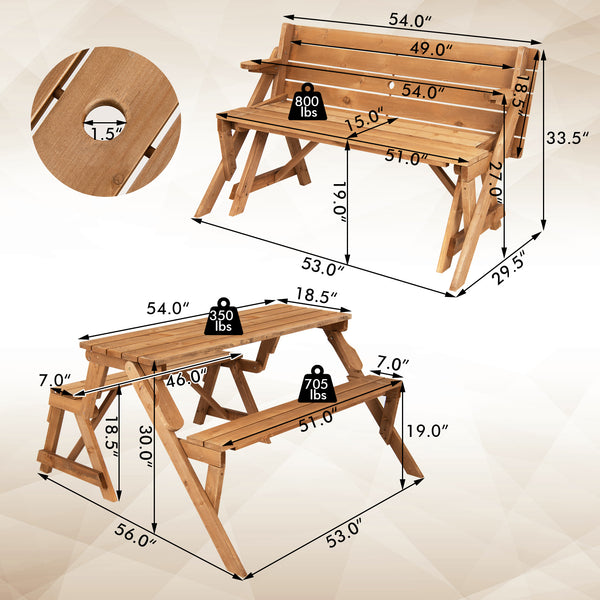 A piece of outdoor furniture that combines a picnic table and garden bench as one for great convenience! Â  When it serves as an outdoor picnic table  it can accommodate 4 people  which is great for outdoor gatherings. Meanwhile  the built-in umbrella hol