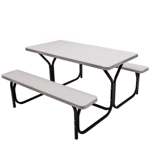 Made of non-toxic and odorless HDPE material to serve for years <br>Smooth surface with the natural wood grain to be a great addition to outdoors <br>Integrated metal frame with high strength to be sturdy without deformation <br>Thick 2 inches table holds