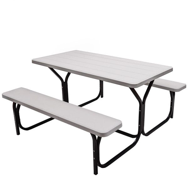 Made of non-toxic and odorless HDPE material to serve for years <br>Smooth surface with the natural wood grain to be a great addition to outdoors <br>Integrated metal frame with high strength to be sturdy without deformation <br>Thick 2 inches table holds