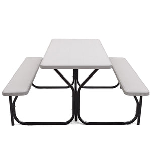 Made of non-toxic and odorless HDPE material to serve for years <br>Smooth surface with the natural wood grain to be a great addition to outdoors <br>Integrated metal frame with high strength to be sturdy without deformation <br>Thick 2 inches table holds