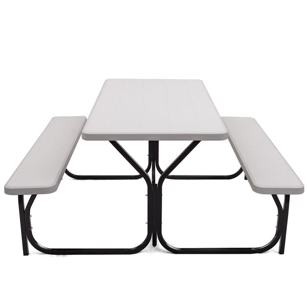 Made of non-toxic and odorless HDPE material to serve for years <br>Smooth surface with the natural wood grain to be a great addition to outdoors <br>Integrated metal frame with high strength to be sturdy without deformation <br>Thick 2 inches table holds