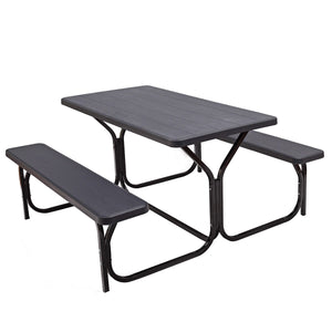 Made of non-toxic and odorless HDPE material to serve for years <br>Smooth surface with the natural wood grain to be a great addition to outdoors <br>Integrated metal frame with high strength to be sturdy without deformation <br>Thick 2 inches table holds